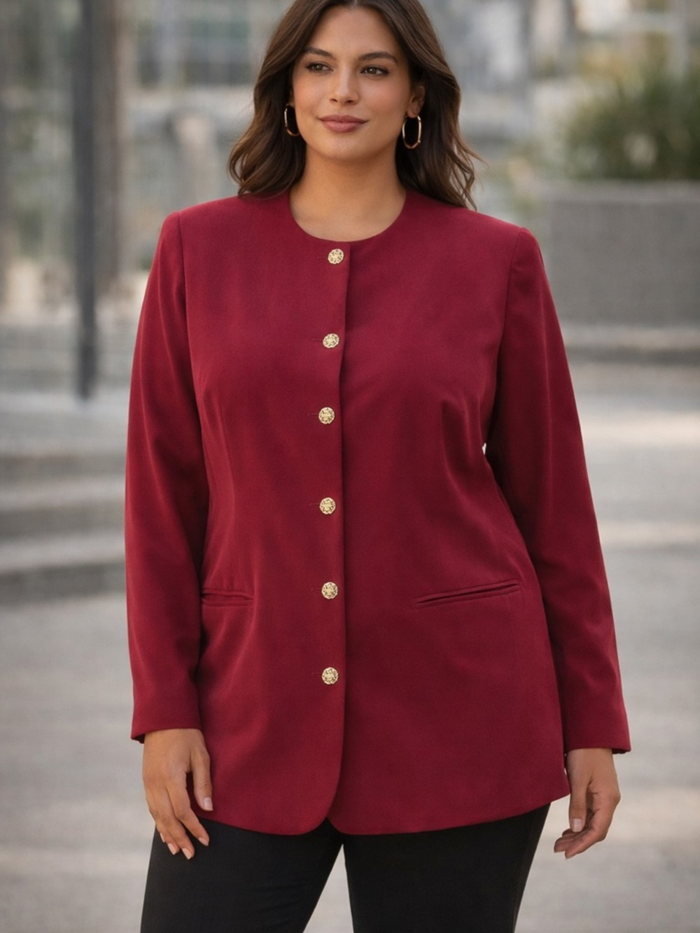 Vintage 90’s Liz Red Silk Blazer Side Slits Gold Buttons Boxy Shoulder Pad Power